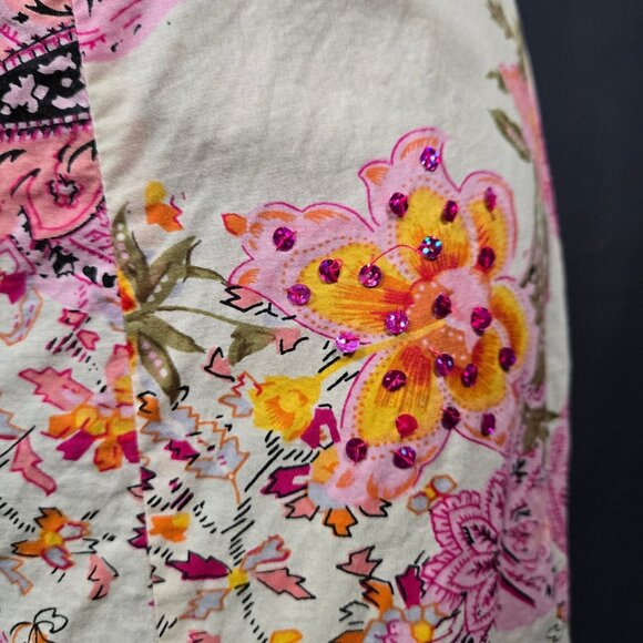 Y2K Pink Floral Paisley Midi Skirt Sequins Fairy Boho size M Cotton A Line - Picture 3 of 9